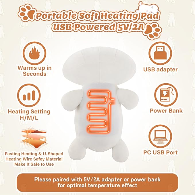 Electric Heating Pad for Period Cramps, Cuddly Kawaii 14'' White Cat Plush with a Hot Soft Belly USB Powered, Menstrual Heating Pad Neck Shoulder Pain Relief, Gift for Daughter Wife Period Heating Pad