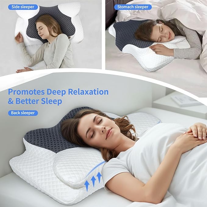 Cervical Neck Pillow for Pain Relief, Hollow Design Memory Foam Bed Pillow for Side & Back Sleepers, Ergonomic Orthopedic Bed Pillow with Adjustable Support (White with Black)