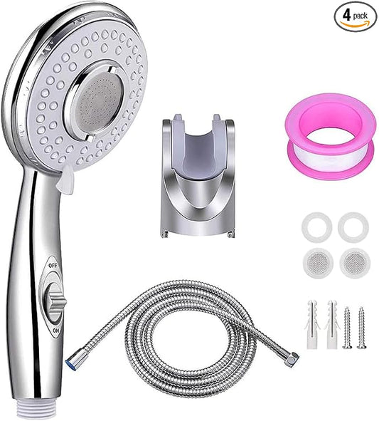 Handheld Shower Head with On/Off Switch - High Pressure 5 setting mode, Stainless Steel 6.5 ft extra long hose and Bathroom Kit Included, Universal Adapter Holder Mount for Wall,Chrome Finish
