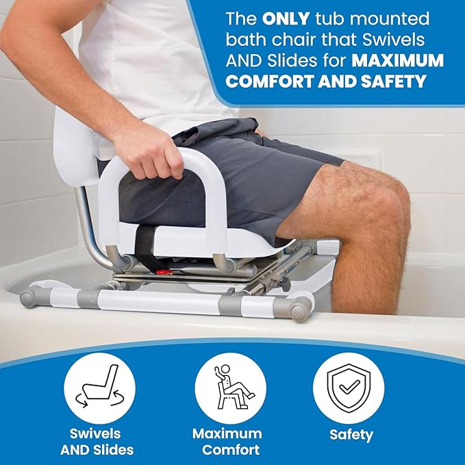 Platinum Health HydroSlide Sliding Shower Chair Swivel Seat for Bathtub, Soft, Padded with Industry-Exclusive, Patented Gap-Bridge Safety Feature. Padded Armrests. Ideal for Elderly and Seniors