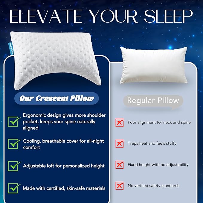 Side Sleeper Pillows for Neck & Shoulder Comfort - Ergonomic Curved Crescent Design, Adjustable Shredded Memory Foam, Cooling & Soft Cover, Extra Fill Included, Standard Size