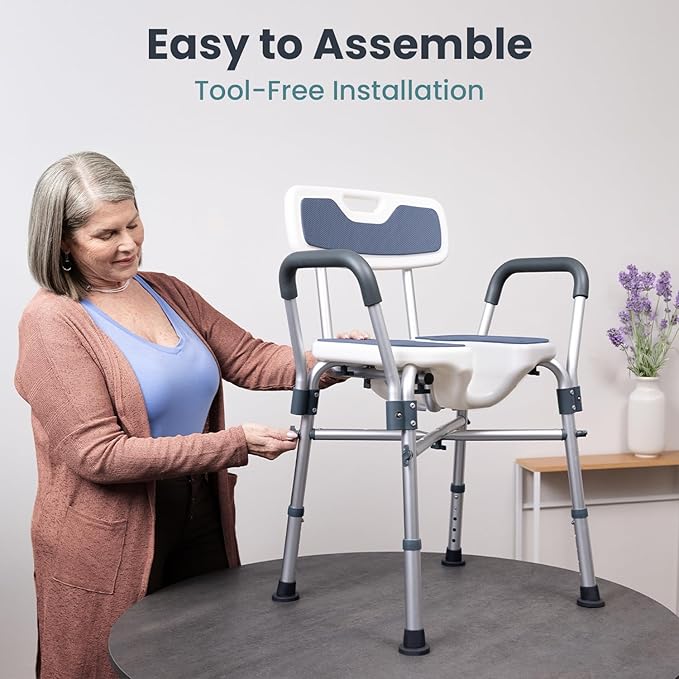 Shower Chair U-Shape Seat (450lb) Heavy Duty - Padded Armrests and Back, Shower Chairs for Elderly and Disabled, Handicap, Shower Chair for Inside Shower, Adjustable Height - Teal