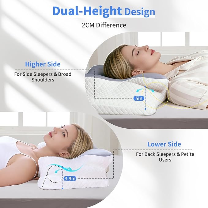 Cervical Pillow for Neck Pain Relief, Hollow Design Memory Foam Bed Pillow for Side & Back Sleepers, Ergonomic Contour Orthopedic Bed Pillow with Adjustable Support (White with Grey)