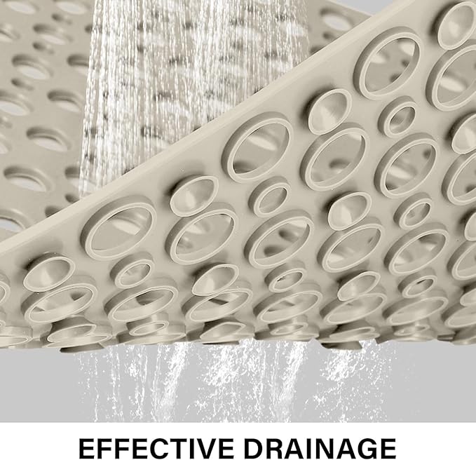 Square Shower Mat Non Slip, 27" x 27" Large Shower Mats for Inside Shower, Soft TPE Shower Floor Mat with Suction Cups and Big Drain Holes, Anti Slip Shower Stall Matt, Khaki