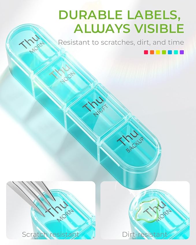 Odaro Weekly Pill Organizer 4 Times a Day, BPA Free Daily Pill Box 7 Day, Large Travel Pill Case with 28 Compartment to Hold Medicine, Vitamin and Supplement