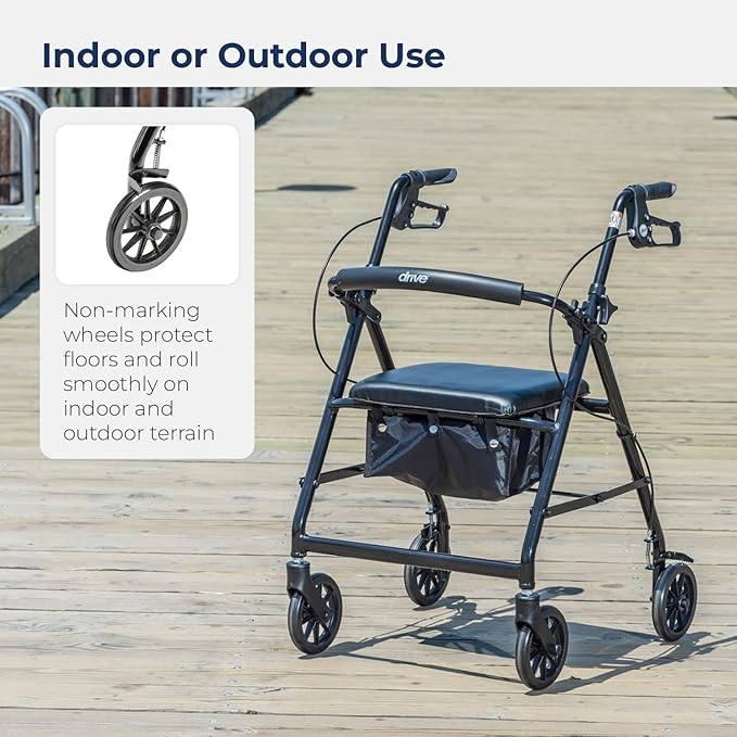Drive Medical Aluminum Rollator Walker - Fold Up & Removable Back Support - Padded Seat - 6 Inch Wheels - Lightweight Portable Design - Indoor Outdoor Mobility Aid - Black