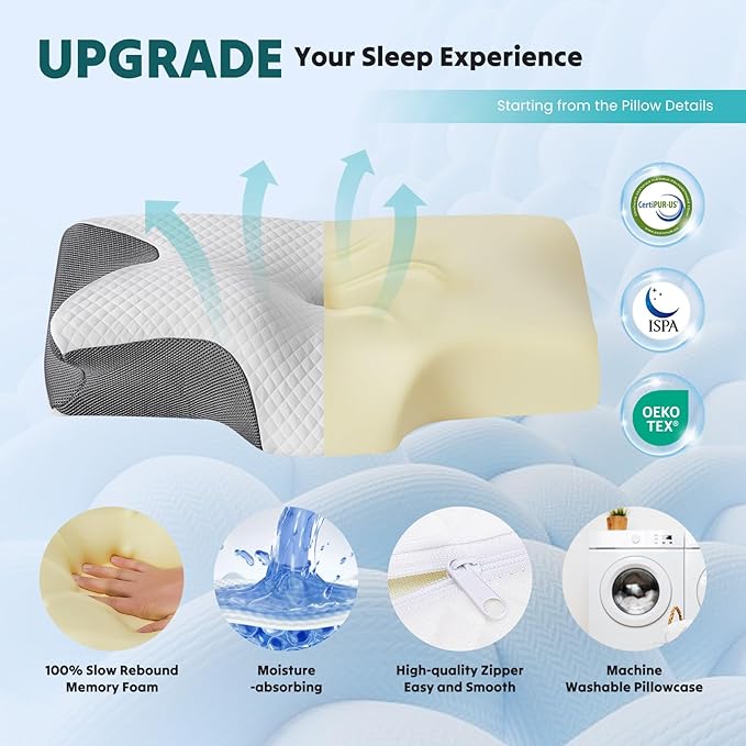 DUMOS Cervical Neck Pillow for Sleeping, Cooling Ergonomic Memory Foam Pillow with Arm Rest Slot and Ice Silk Pillowcase, Dual Height Orthopedic Support Contour for Side, Back, Stomach Sleepers