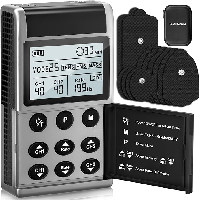 KingPavonini 4-IN-1 TENS Unit Muscle Stimulator, DIY & TENS & EMS & MASS, Dual-Channel 40 Intensities TENS Machine, Muscle Stimulator for Pain Relief Therapy Sciatica Back Pain, 12 Pads (Model: B2501)