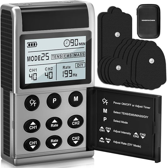 KingPavonini 4-IN-1 TENS Unit Muscle Stimulator, DIY & TENS & EMS & MASS, Dual-Channel 40 Intensities TENS Machine, Muscle Stimulator for Pain Relief Therapy Sciatica Back Pain, 12 Pads (Model: B2501)