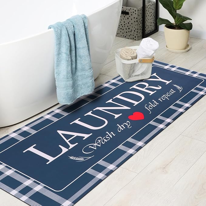XLHOMO Laundry Room Rugs and Mats, 17"x47" Buffalo Plaid Navy Blue Laundry Room Rug Washable Non Slip, Farmhouse Laundry Mats for Floor, Mudroom, Kitchen, Washroom, Bathroom, Entryway Carpet Decor
