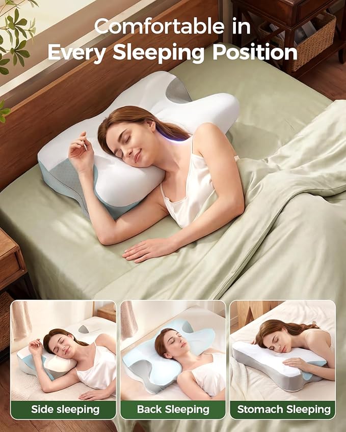 Cervical Memory Foam Pillow for Neck Pain Relief, Ergonomic Contour Pillow for Side, Back and Stomach Sleepers, Cooling Removable Breathable Pillowcase, Dual-Height Design