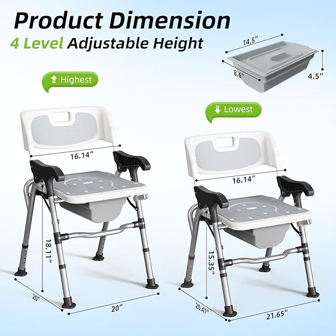 3-in-1 Shower Chair for Seniors, Foldable Bedside Commode, Height Adjustable Raised Toilet Seat with Removable Bucket, Padded Arms & Back Support for Elderly, Adults, 400 lbs Capacity (White)