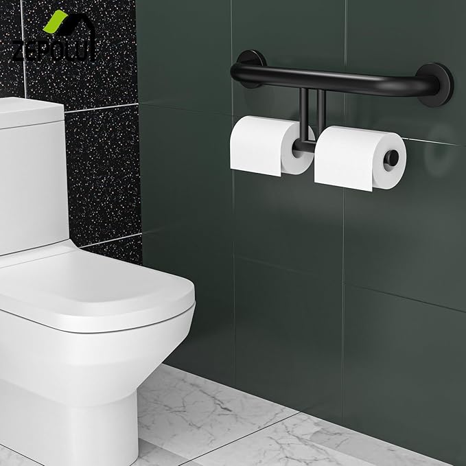 Black Handicap Grab Bar w/Toilet Paper Roll Holder, Zepolu 2-in-1 Safety Assist Bar Balanced Support Handle 17 Inch, Stainless Steel Wall Mounted Bathroom Toilet Grab Bar for Senior Elderly Disabled