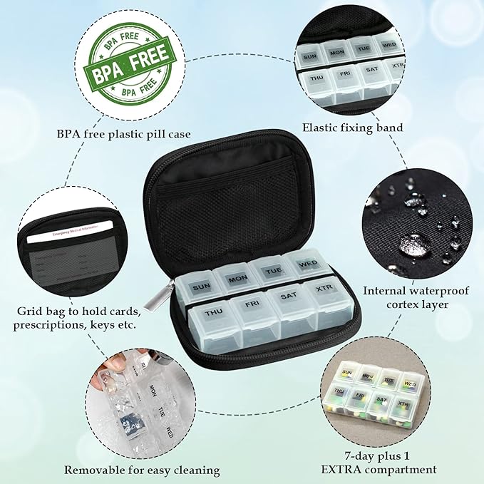 Serfeymi Weekly Travel Pill Organizer Pill Case for Purse with Removable 7 Day Pill Box, Fashionable Travel Medicine Organizer Pill Container for Medicine, Vitamin, Supplement - Brown 02