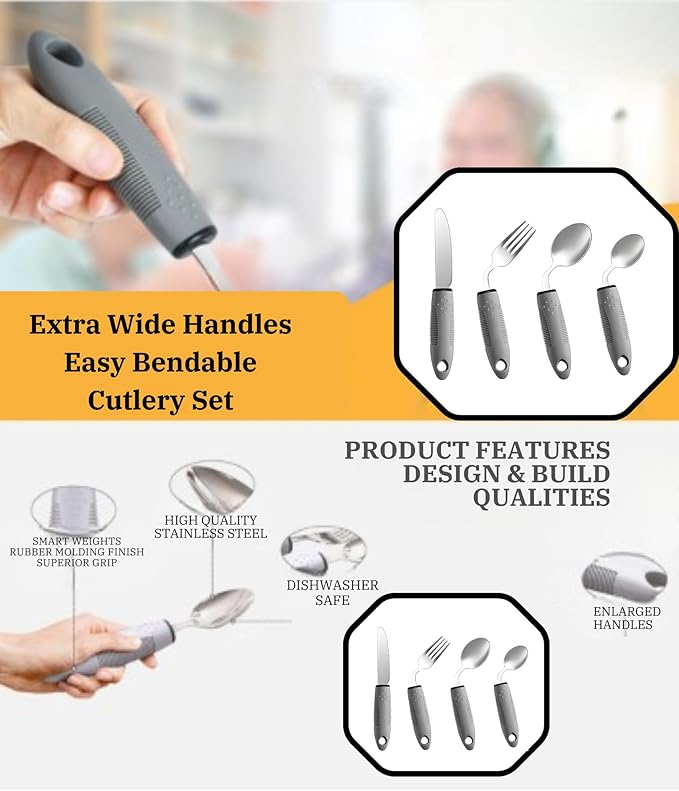 4Pcs Weighted Adaptive Utensils 42° Angled Parkinsons Utensils, Weighted Utensils for Hand Tremors and Parkinsons Patients, Arthritis Silverware for Elderly & Seniors (Left-Hand-Grey)