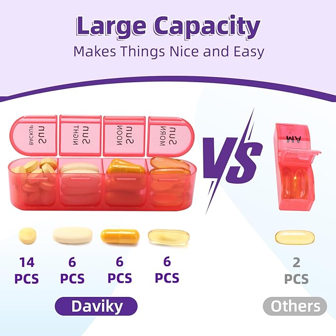Daviky Weekly Pill Organizer 4 Times a Day, Large 7 Day Pill Box Portable for Travel, Medicine Organizer Box with Removable Individual Pill Containers to Hold Vitamins, Supplements and Medication