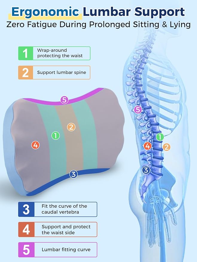 Fledano Lumbar Pillow for Sleeping, Lumbar Support Pillow for Bed for Back Pain Relief, Memory Foam Lower Back Pillow for Bed, Back Support Pillow for Side & Back Sleepers, Washable Cover