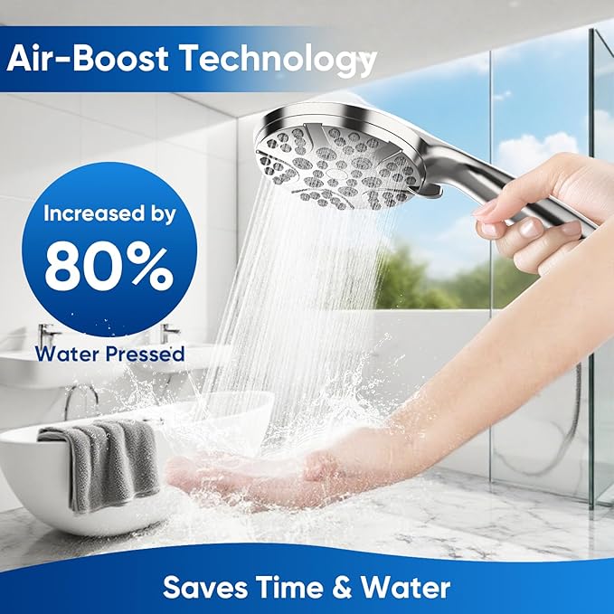 High Pressure Shower Head with Handheld, 6 Spray Modes & Pause Button, 4.1” Rainfall Detachable Showerhead with Anti-burst Nylon Hose & Holder, Premium ABS, Anti-Clog Nozzles, for Low Water Pressure