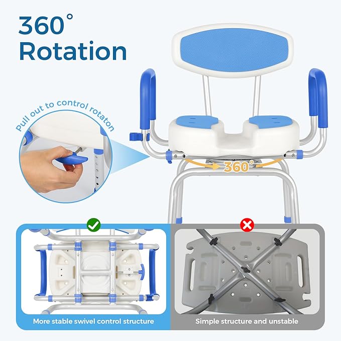 FAHKNS Swivel Senior Bathing Chair with Arms & Back, 400 LBS Heavy Duty U-Shape Seat, Height Adjustable Safety Bath Seat for Tub, Elderly & Disabled