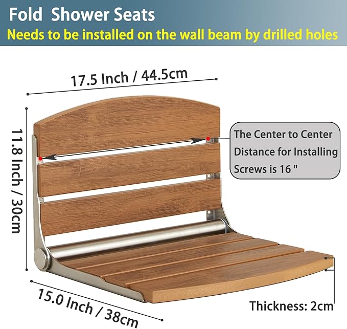 17.5" Folding Shower Seat Wall Mounted,Foldable Shower Bench,Fold Down Shower Seat,Folding Shower Seat Bench,Wall Mount Shower Seat Bench Chair (Teak)
