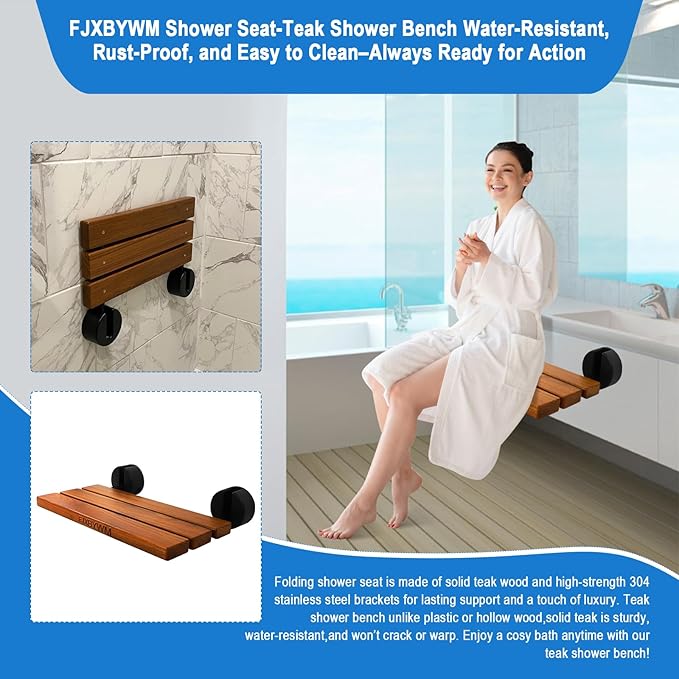 20" Shower Seat Teak Shower Bench, Wall Mounted Fold Down Shower Seats for Adults, Shower Seats for Adults a 400 lbs Capacity, Rust-Resistant Teak Folding Seat Suitable for Indoor Outdoor Use.