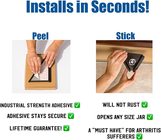 Jar Opener - Effortless Opener for Any Size Bottle or Jar Mounts Under Cabinet with Industrial Adhesive - Zero Slip Blade Protector - Must Have for Seniors & Arthritis Made In USA