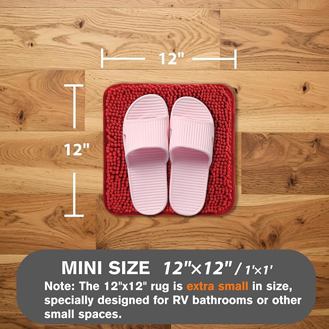 Small Bathroom Rug 12"x12" – Washable and Absorbent Mini Bath Mat, Non Slip, Thick Soft Chenille Bath Rugs for Bathroom, Shower, Locker Rug(Red)