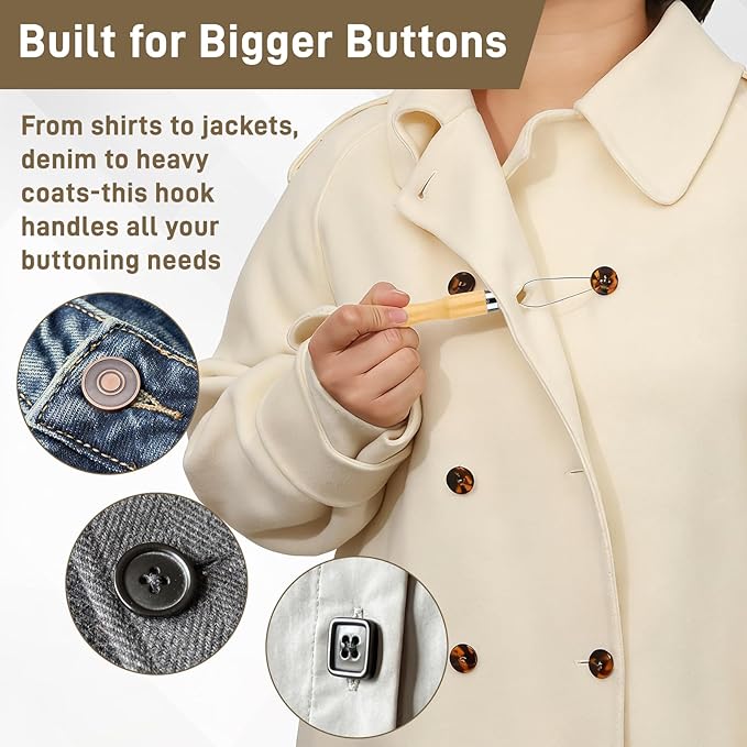 3pack Oiissuz Button Hook for Seniors, Reinforced Wire Loop, Ergonomic Grip Handle,Buttoning Aid for Shirts, Denim, Jackets & Heavy Coats