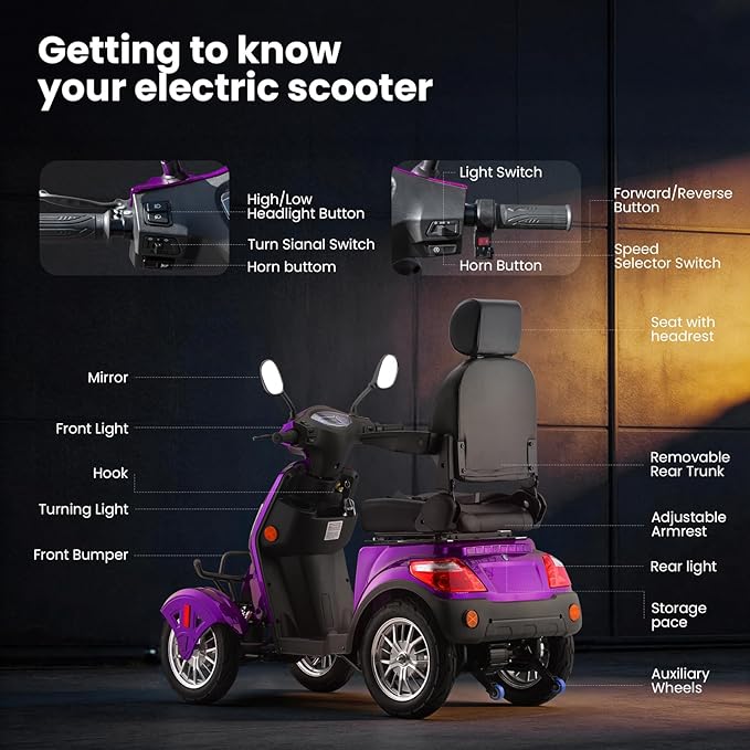 Super Large Electric 4 Wheel Mobility Scooters, Heavy Duty 800W Wheelchair Device, 25 Miles Long Range, All Terrain Mobility Scooter，Speed Adjust, Remote Key,Receive Ready to Ride (Purple)