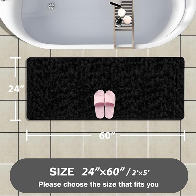 Bathroom Runner Rug 24 x 60 Inch – Extra Large Long Bath Mat | Absorbent and Washable Thick Chenille Bath Rug Non-Slip Runner Rug for Bathroom, Shower, Sink(Black)