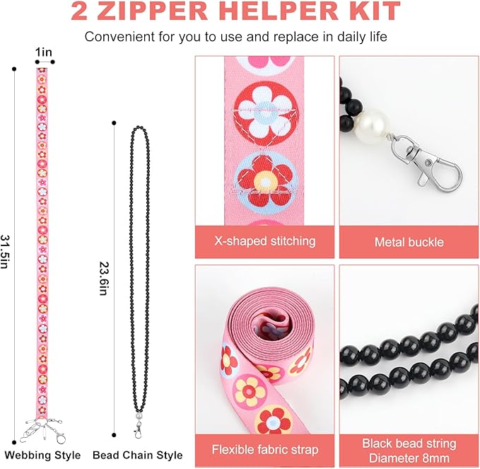 Zipper Helper Pull for Dresses 2 Pack Zipper Puller Helper with 5 Different Types Hooks Dress Zipper Pull Helper Assistant for Elderly and Pregnant Women(Pink Flower)