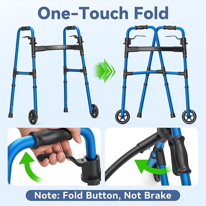 Loyoda Folding Walker with 2 Skis and 5" Wheels, Lightweight Walkers for Seniors and Adults, Supports Up to 350 Pounds, Adjustable Height, Compact Standard Walker, Blue