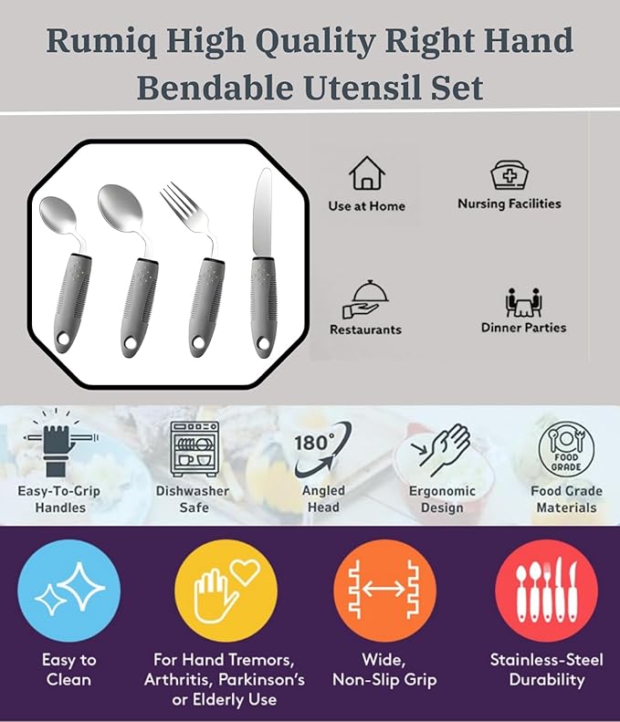 4Pcs Weighted Adaptive Utensils 42° Angled Parkinsons Utensils, Weighted Utensils for Hand Tremors and Parkinsons Patients, Arthritis Silverware for Elderly & Seniors (B-RH-Grey)