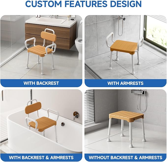 Loyoda Shower Chair for Inside Shower ，Bath Chair with Arms and Back,Aluminum Shower Stool for Tub,Slip Resistant Shower Bench,Height-Adjustable Shower Seat with Padded Handles for Seniors，Brown