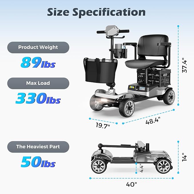Mobility Scooter for Adults & Seniors with Removable Battery, Cruise & Airport Approved, Foldable Motorized Scooters with Dual Basket, Phone & Cup Holder, Silver