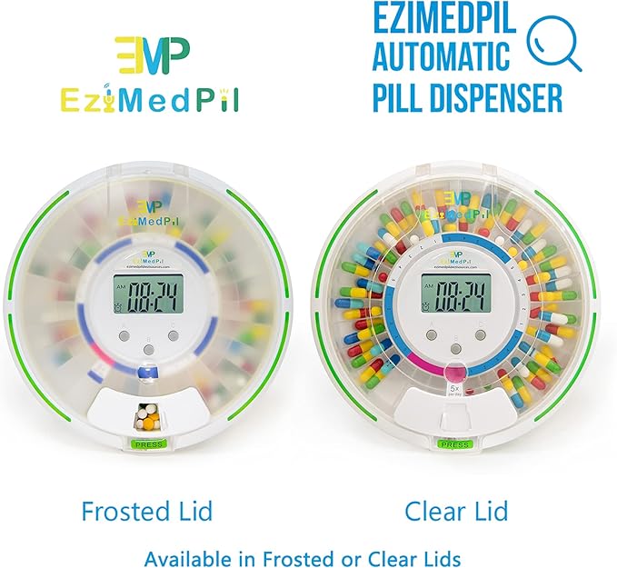 EziMedPil Automatic Pill Dispenser w/Audio & Visual Alerts, up to 6 Alarms/day, 6 Dosage Templates, Easy-Read LCD Display, Lock Medication Dispenser w/Key for Prescriptions, Vitamins & More, Clear Lid