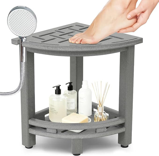 KALUMOON Corner Shower Stool, HDPE Waterproof Shower Bench for Inside Shower, Small Shower Chair Seat for Shaving Legs with Storage Shelf, Shower Head Holder, Adjustable Feet (Grey)