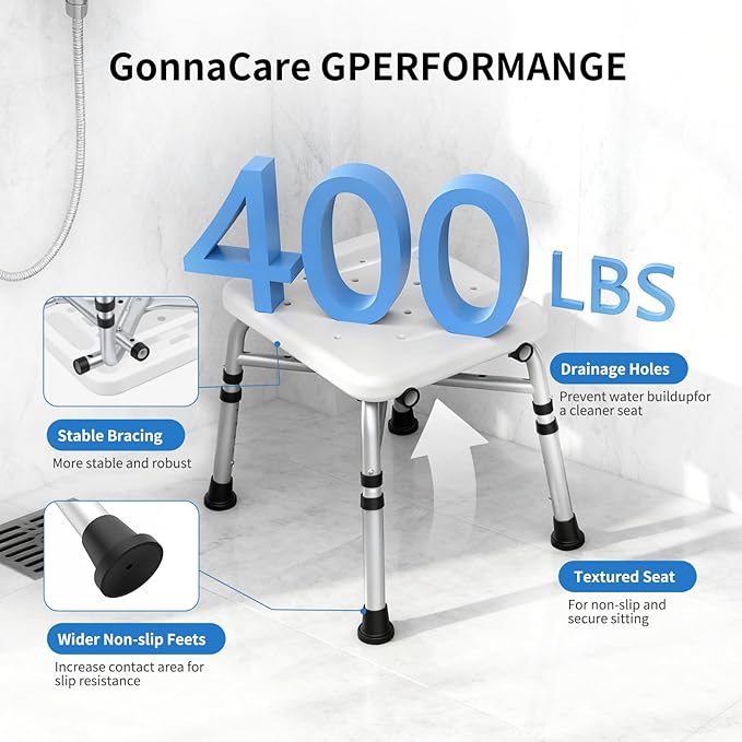 Heavy Duty Shower Chair for Inside Shower and Tub with Reinforced X-Bar, Padded Arms and Backrest, Height Adjustable, Ideal Shower Chair for Elderly and Disabled