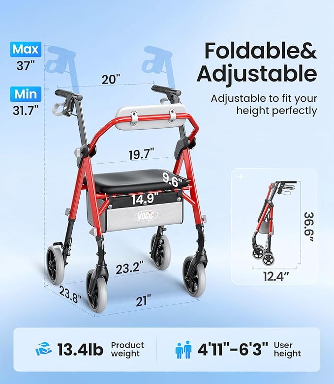 VOCIC Walkers for Seniors, Z12 Rollator Walker with Seat, Ergo Seat & Backrest, Foldable Rollator Adjustable Height, All Terrain Walker, Ultra Light