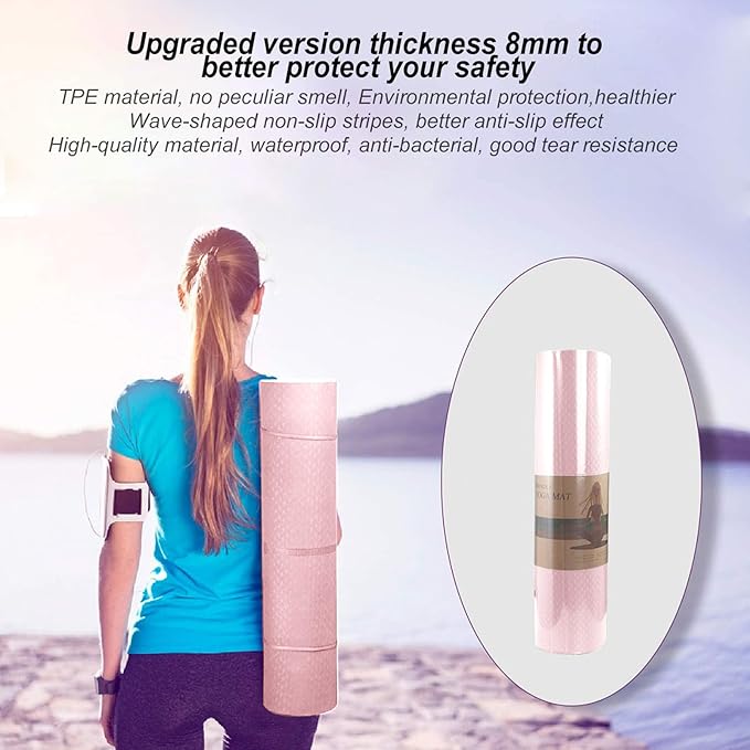 Yoga Mat 1/3" (8mm) Thick Non-Slip, Women Men Fitness & Exercise Mat, 72"Lx24"W Eco-Friendly TPE Workout Mat with Carrying Strap for Yoga, Pilates, Home Gym, Floor Exercises