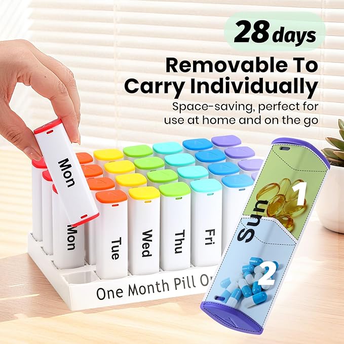CAidRE Monthly Pill Organizer 2 Times a Day - 28 Day Pill Box AM PM, Daily Medicine Organizer for Vitamins, Supplements, Medications - BPA Free Pill Case for Home & Travel, White