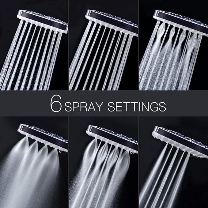 Newentor® Handheld High Pressure 6 Spray Modes/Settings Detachable Chrome Finish Square Shower Head with Stainless Steel Hose and Multi-Angle Adjustable Shower Stand