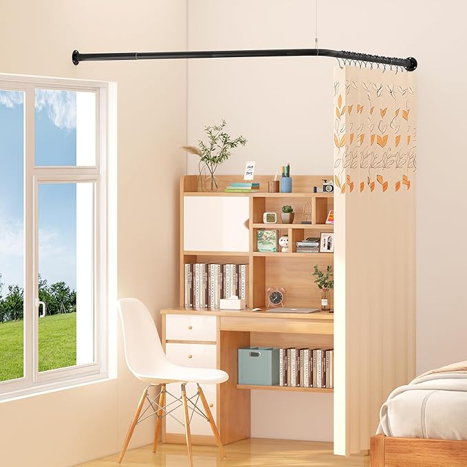 L Shaped Corner Shower Curtain Rod, 24" - 37" x 24" - 37" Adjustable 90 Degree Curved Bathroom Rod Square Rail No Sag with 12 Hooks & Ceiling Support - Black