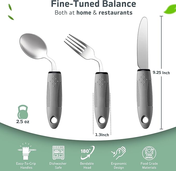 3-Piece Adaptive Utensils Set - 42° Angled Parkinsons Utensils, 2.5 oz Weighted Utensils for Tremors and Parkinsons Patients, Easy Grip Weighted Silverware for Hand Tremors (Left-Handed)