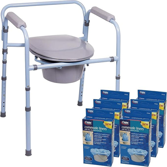 Carex 3-in-1 Folding Bedside Commode with 42 Pack Commode Liners - Porta Potty for Adults - Portable Toilet Supports Up to 300lbs, Bedside Commodes for Seniors and Commode Chair