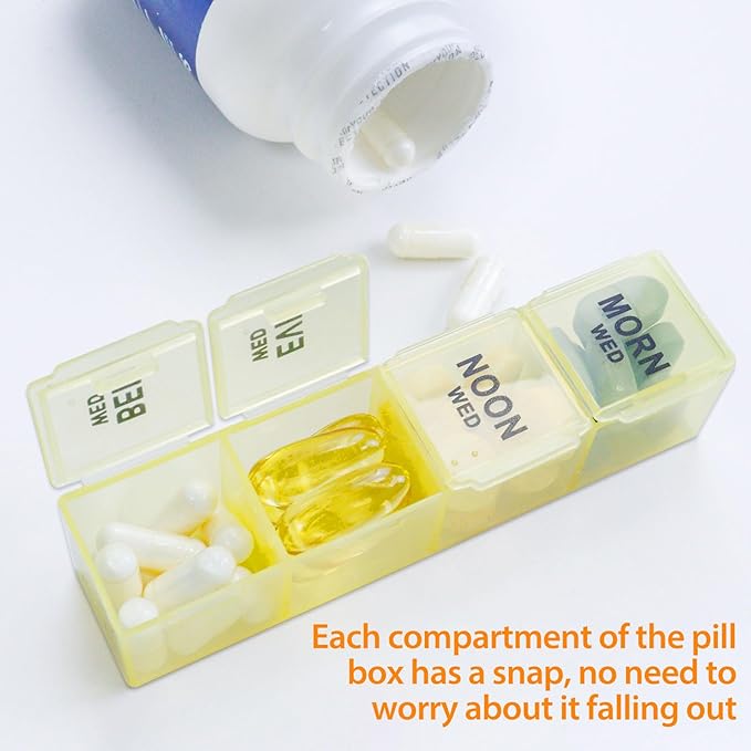 Weekly Pill Organizer 4 Times a Day, 7-Day Pill Boxes, Monthly Medication Organizer 28 Days Portable Compartments & Moisture-Proof Black Outer Case for Vitamins, Fish Oils, Supplements(Color)