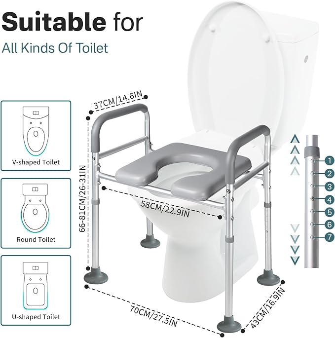 Eosprim Toilet Seat Risers for Seniors Elongated, Raised Toilet Seat with Handles, Toilet Safety Frames & Rails for Elderly and Handicap, Elevated Shower Commode Chair with Arms, Toilet Lift Grab Bar