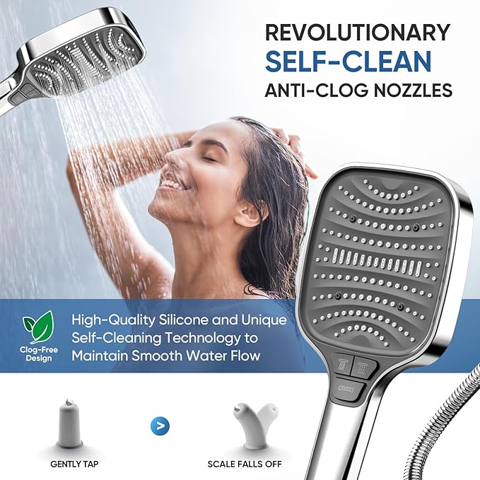High Pressure Shower Head with Handheld,8 Modes,Heat-Resistant Premium ABS Material,Anti-clog Nozzles,Built-in Power Wash to Clean Tub,Tile & Pets,59″ SUS 304 Hose & Thickened Bracket,Silver
