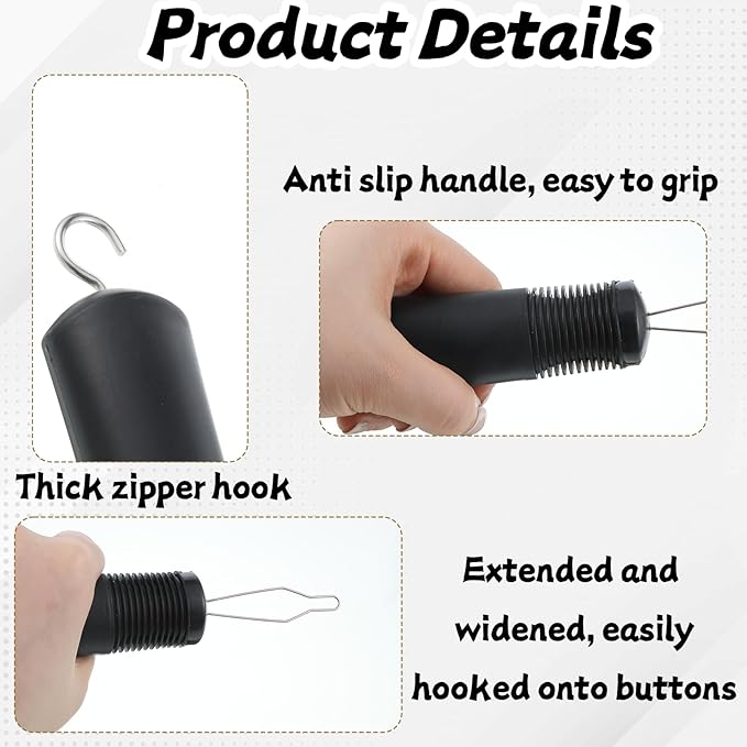 2-in-1 Button Hook with Zipper Pull, Non-Slip Button Assist Tool, One-Handed Dressing Aids Helper for Seniors, Arthritis Sufferers, Disabled & Limited Hand Mobility, Independent Living Aid (Black)