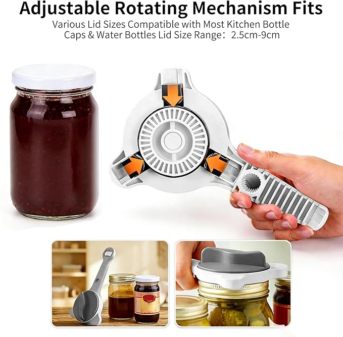 New 4-in-1 Retractable Jar & Bottle Opener, Adjustable Stainless Steel Lid Remover with Non-Slip Grip for Seniors, Multi-Functional Jar Opener with Ergonomic Handle for Kitchen Jars Cans Bottles(Gray)